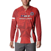 Red football button sweatshirt on model, front crest, star graphic, button placket