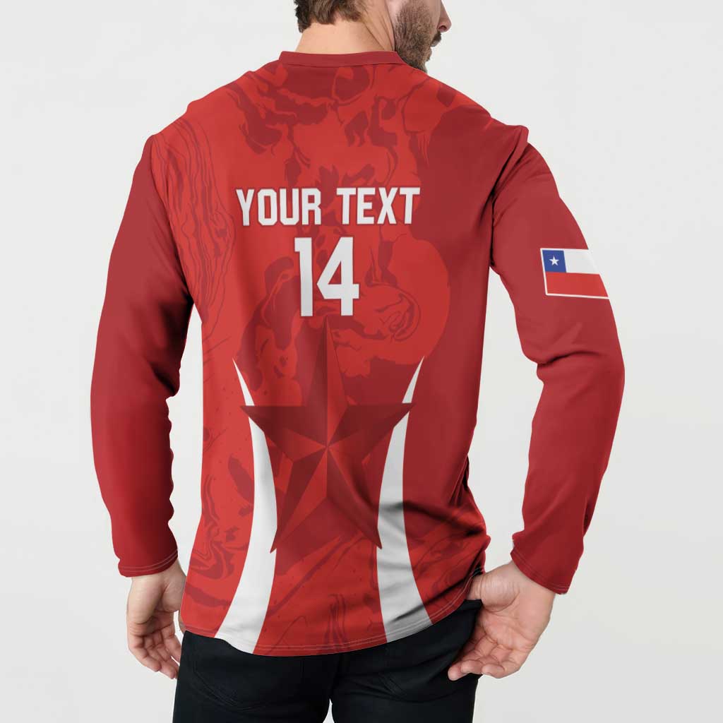 Red football button sweatshirt back with 'YOUR TEXT 14' star graphic and Chile flag sleeve