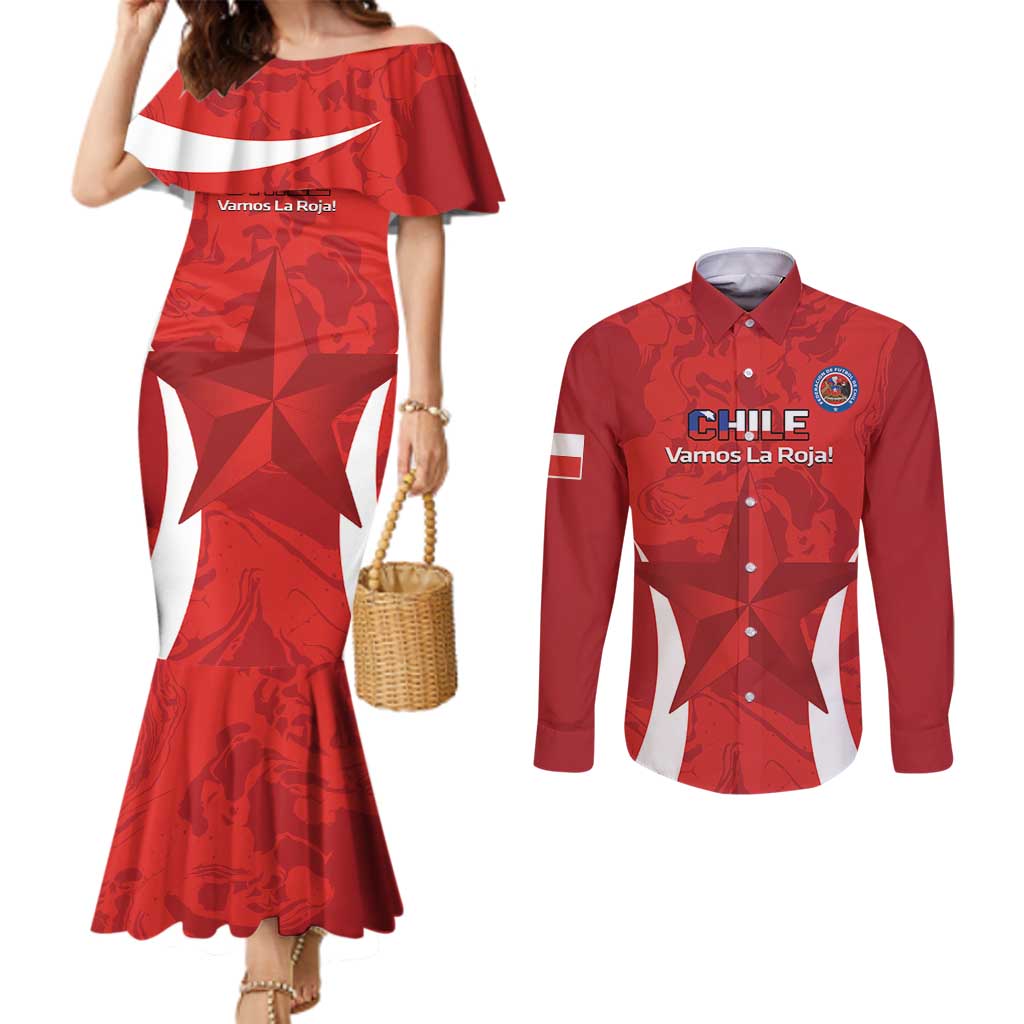 Custom Chile Football Couples Matching Mermaid Dress and Long Sleeve Button Shirt 2024 Vamos La Roja - Red