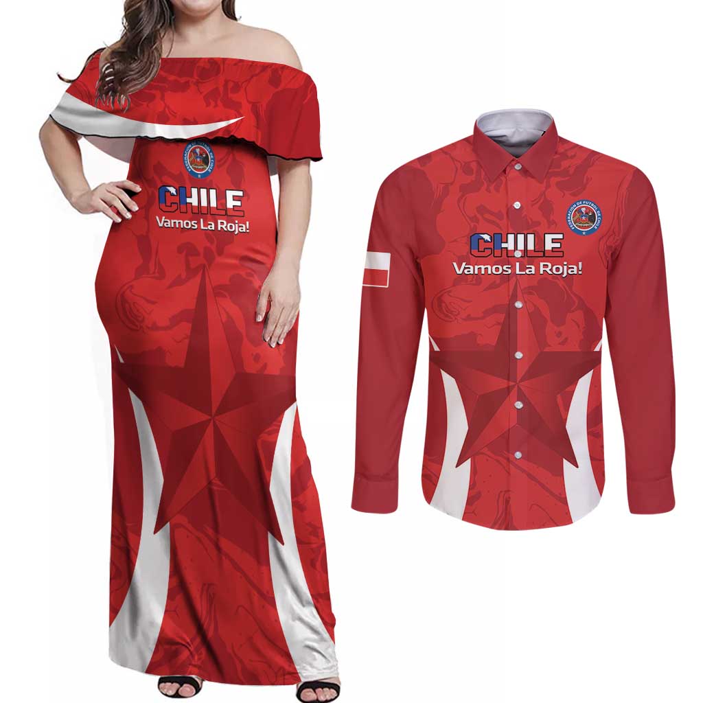 Custom Chile Football Couples Matching Off Shoulder Maxi Dress and Long Sleeve Button Shirt 2024 Vamos La Roja - Red - Wonder Print Shop