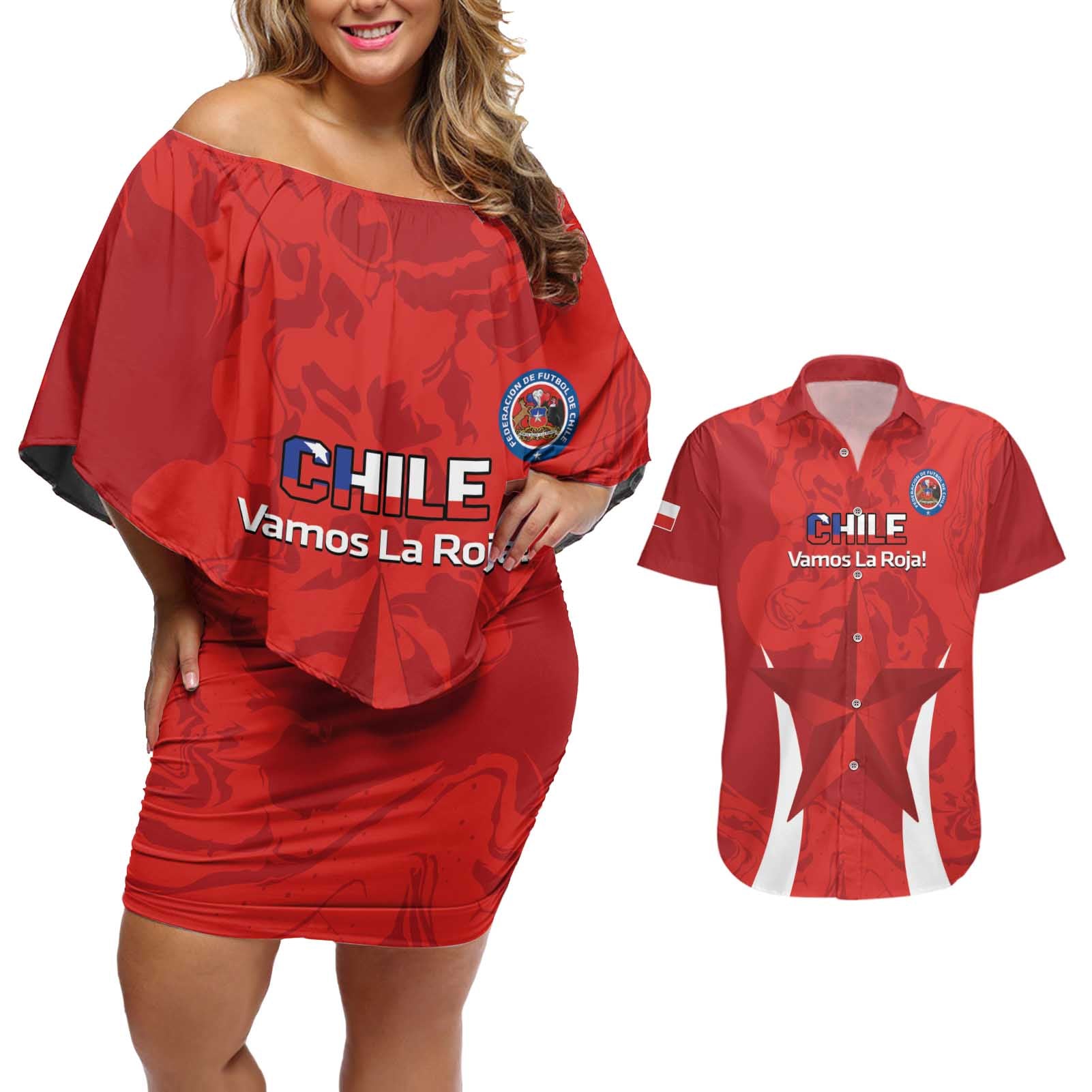 Custom Chile Football Couples Matching Off Shoulder Short Dress and Hawaiian Shirt 2024 Vamos La Roja - Red - Wonder Print Shop