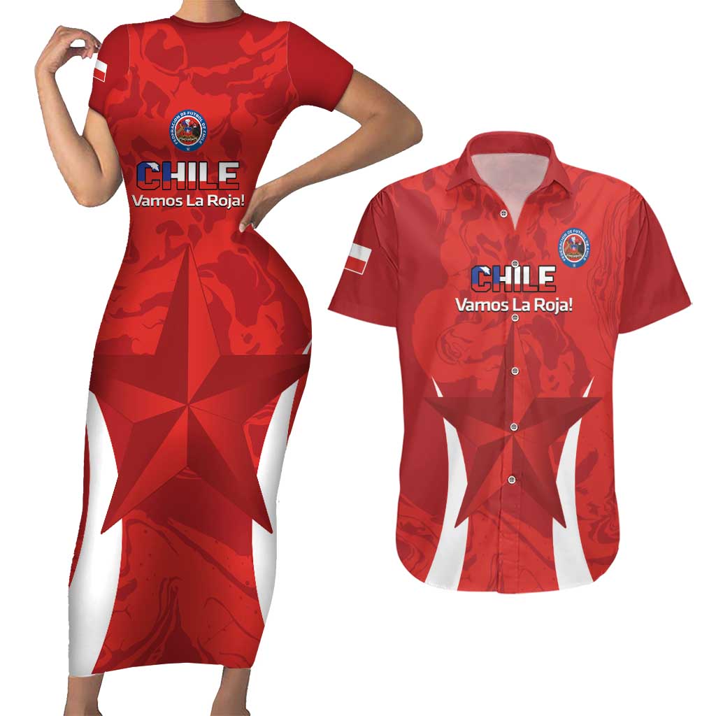 Custom Chile Football Couples Matching Short Sleeve Bodycon Dress and Hawaiian Shirt 2024 Vamos La Roja - Red - Wonder Print Shop