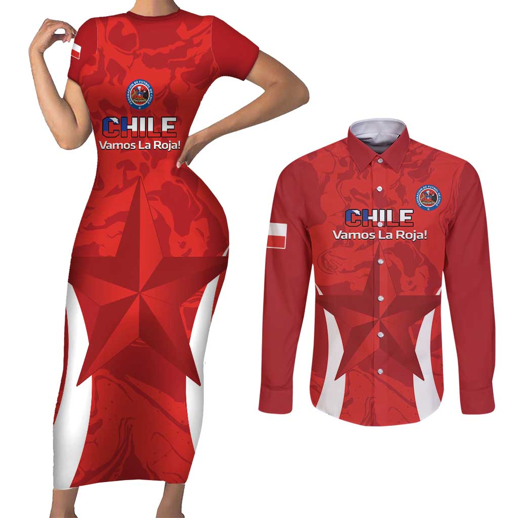 Custom Chile Football Couples Matching Short Sleeve Bodycon Dress and Long Sleeve Button Shirt 2024 Vamos La Roja - Red - Wonder Print Shop