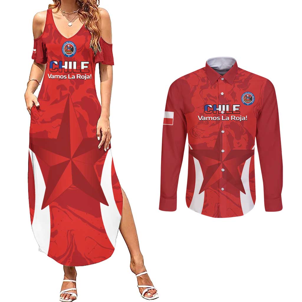 Custom Chile Football Couples Matching Summer Maxi Dress and Long Sleeve Button Shirt 2024 Vamos La Roja - Red - Wonder Print Shop