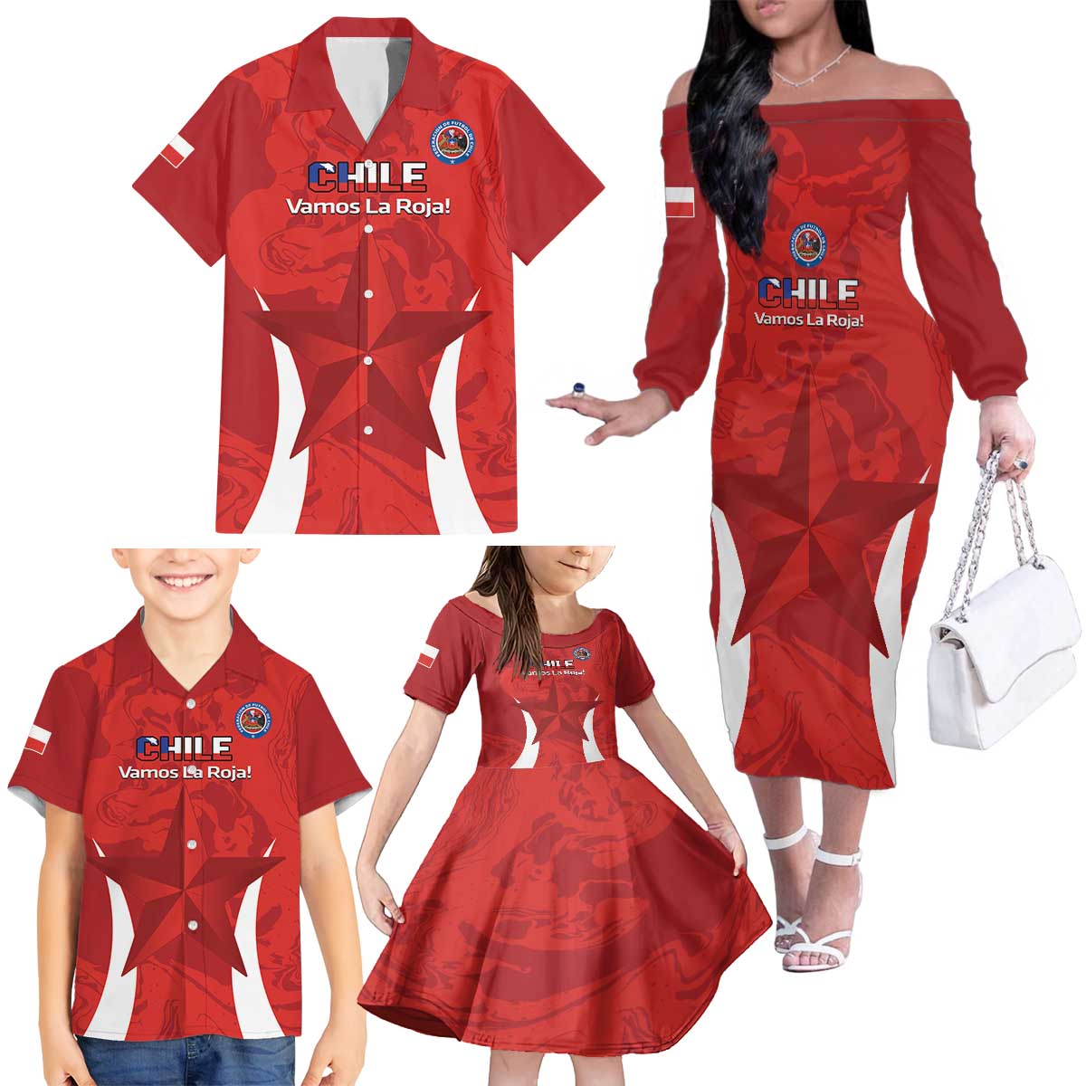 Custom Chile Football Family Matching Off The Shoulder Long Sleeve Dress and Hawaiian Shirt 2024 Vamos La Roja - Red - Wonder Print Shop