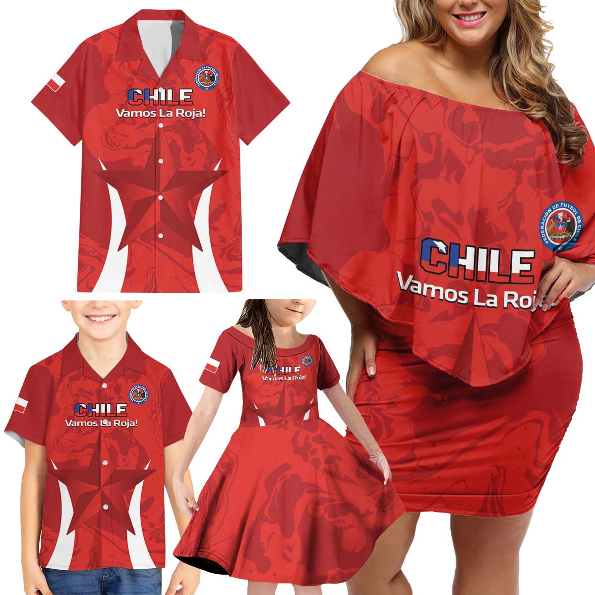 Custom Chile Football Family Matching Off Shoulder Short Dress and Hawaiian Shirt 2024 Vamos La Roja - Red - Wonder Print Shop