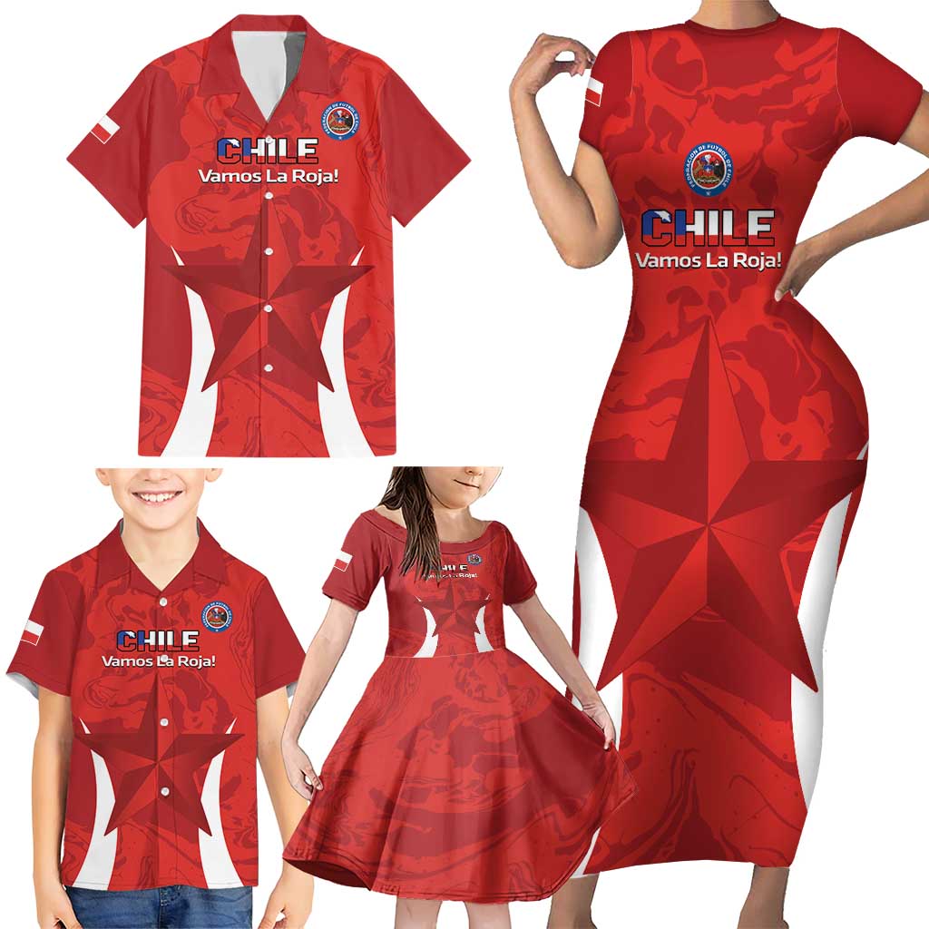 Custom Chile Football Family Matching Short Sleeve Bodycon Dress and Hawaiian Shirt 2024 Vamos La Roja - Red - Wonder Print Shop