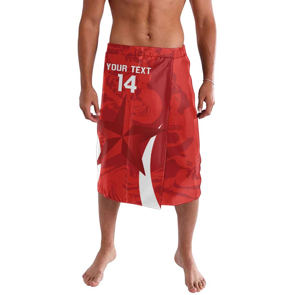 Red custom football lavalava shorts with number 14 and ribbon panel at front