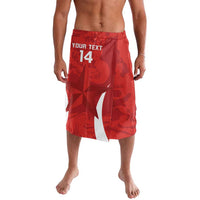 Red custom football lavalava shorts with number 14 and ribbon panel at front
