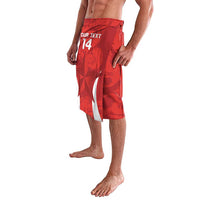 Red custom football lavalava shorts with number 14 and your text on front