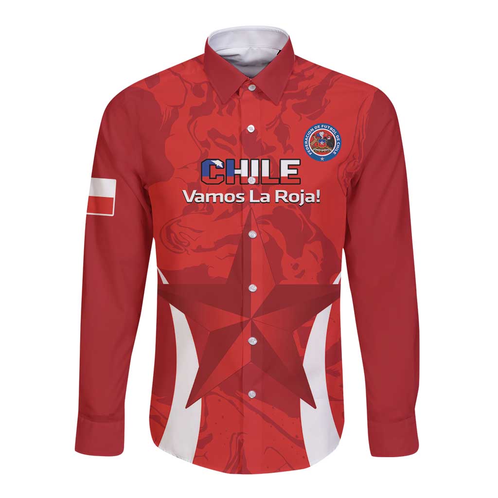 Red long sleeve button football shirt with Chile crest and central star graphic