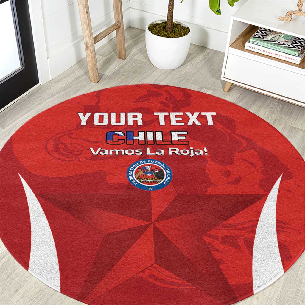 Custom red round football rug with “YOUR TEXT CHILE Vamos La Roja!” and Chile crest