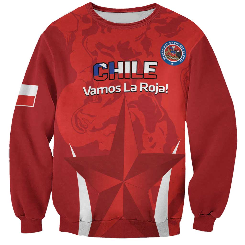 Red crewneck football sweatshirt with Chile crest and Vamos La Roja! front graphic