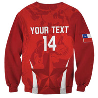 Red football sweatshirt back with Your Text 14 print and Chile flag sleeve patch