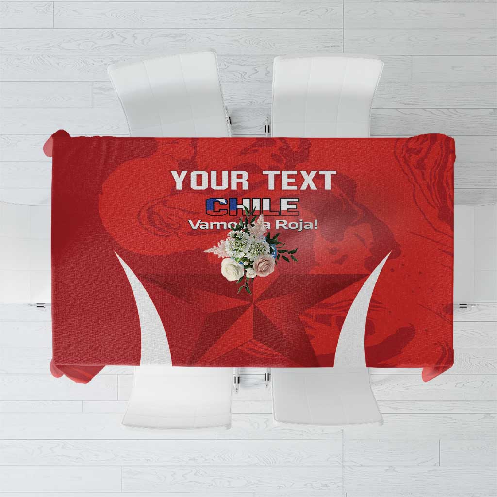 Red football-themed tablecloth with white graphic accents and Chile text design