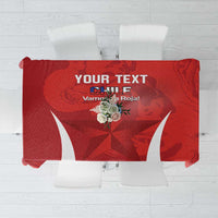 Red football-themed tablecloth with white graphic accents and Chile text design