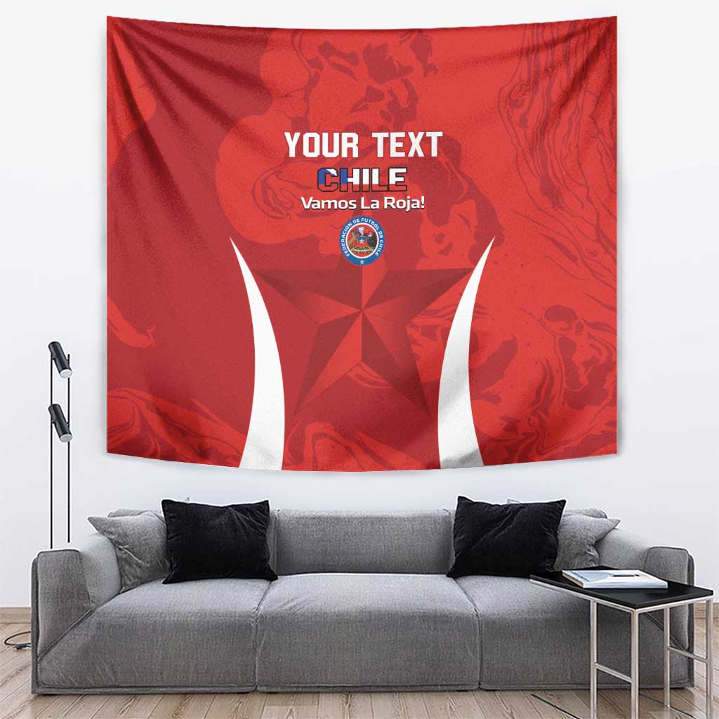 Red Chile football tapestry with crest logo and custom text, centered over a white V-shaped design.