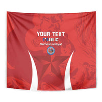 Red Chile football tapestry with bold crest and custom text, featuring white graphic accents.