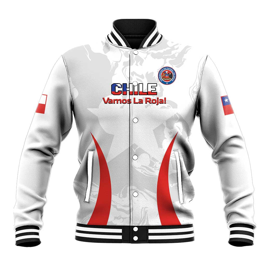 White Chile baseball jacket with red accents, black stand collar, button front and Chile emblem