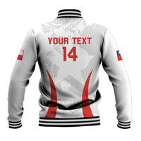 White baseball jacket back with red number 14, red swoosh, striped trim on cuffs and hem