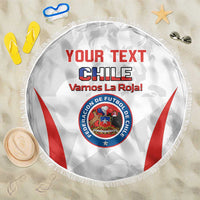 White round beach blanket with red stripes, Chile emblem, and “YOUR TEXT” banner, fringe edge.