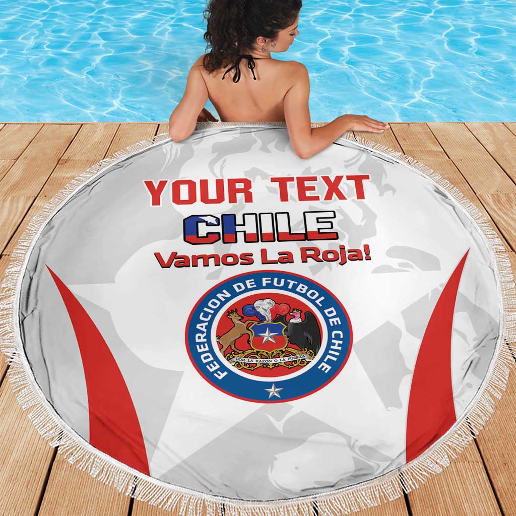White round beach blanket with fringe border, Chile crest and “Vamos La Roja!” graphic, poolside.