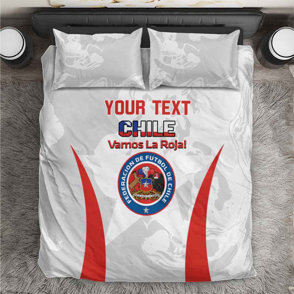 White Chile football bedding set with two pillows and “YOUR TEXT” “CHILE Vamos La Roja!”