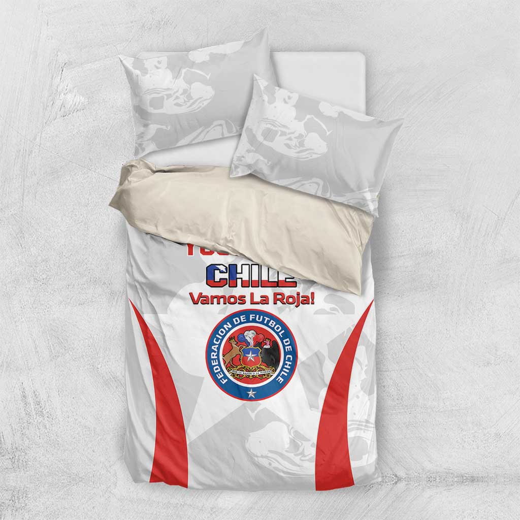 White Chile football bedding set shown from above with red diagonal stripes and crest