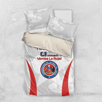 White Chile football bedding set shown from above with red diagonal stripes and crest