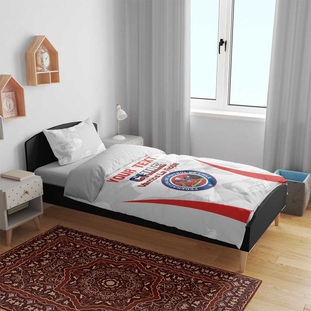 White Chile football bedding set on a bed with red diagonal stripes and team crest on duvet
