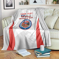 Custom Chile football blanket draped, white with red diagonal stripes and crest with text