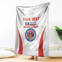 Custom Chile football blanket spread out, white with red diagonal stripes and Chile crest