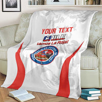 Custom Chile football blanket, white with red diagonal stripes and circular crest graphic