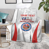 Custom Chile football blanket over seat, white with red diagonal stripes and round crest