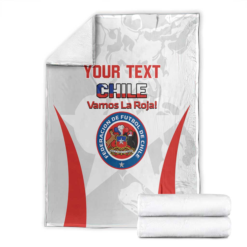 Custom Chile football blanket folded, white with red diagonal stripes and circular crest