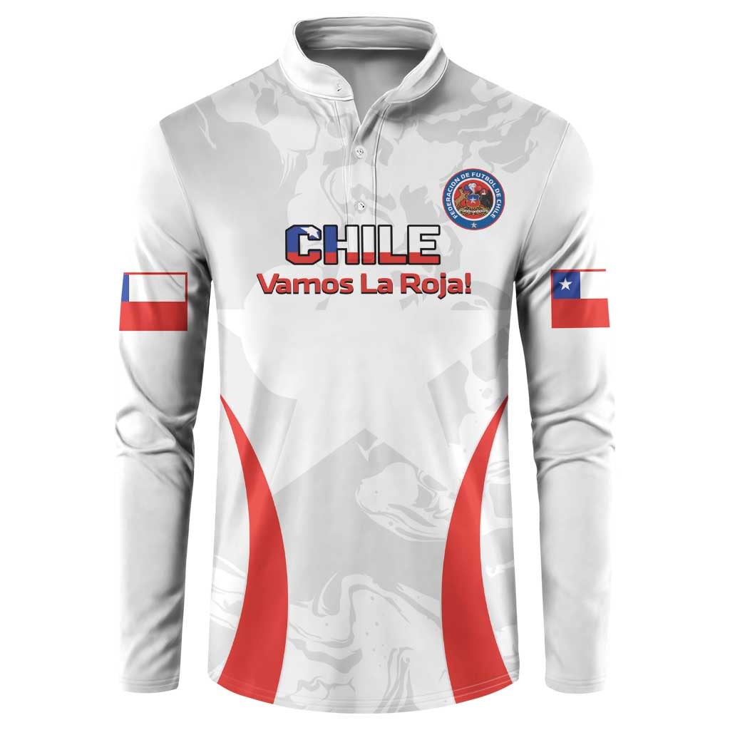 White quarter-zip sweatshirt with Chile flag sleeve and 'Chile Vamos La Roja' front print
