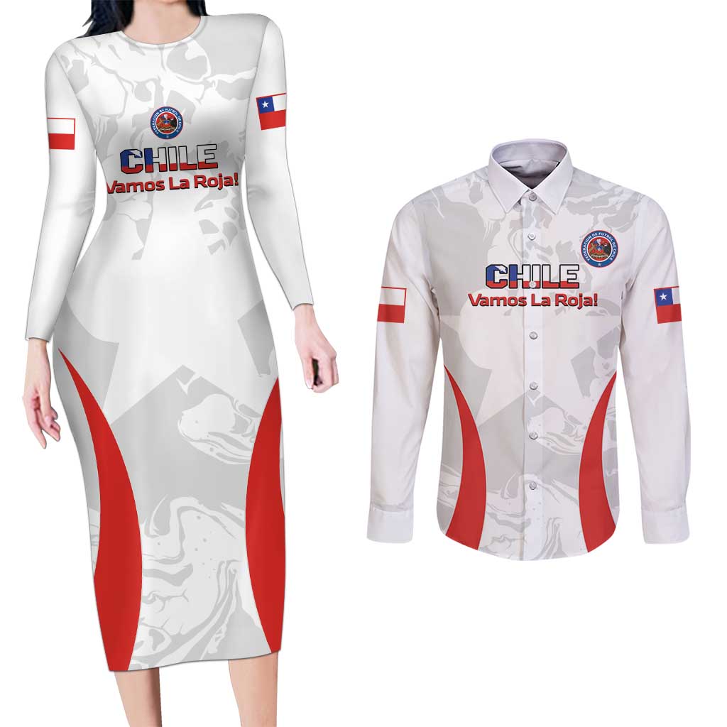 Custom Chile Football Couples Matching Long Sleeve Bodycon Dress and Long Sleeve Button Shirt 2024 Vamos La Roja - White - Wonder Print Shop