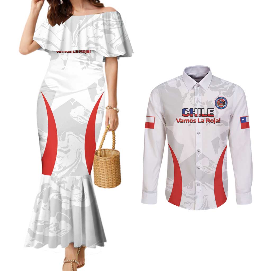 Custom Chile Football Couples Matching Mermaid Dress and Long Sleeve Button Shirt 2024 Vamos La Roja - White