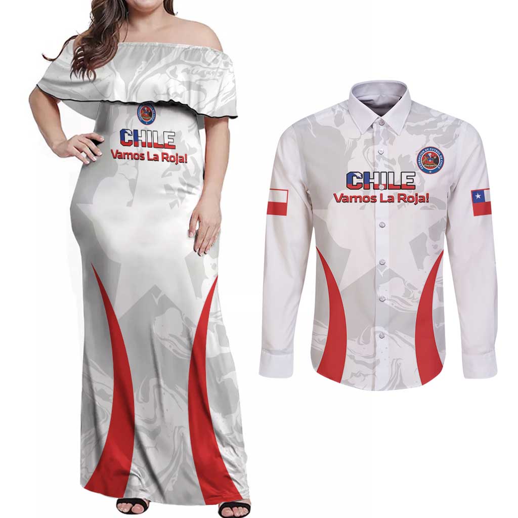 Custom Chile Football Couples Matching Off Shoulder Maxi Dress and Long Sleeve Button Shirt 2024 Vamos La Roja - White - Wonder Print Shop