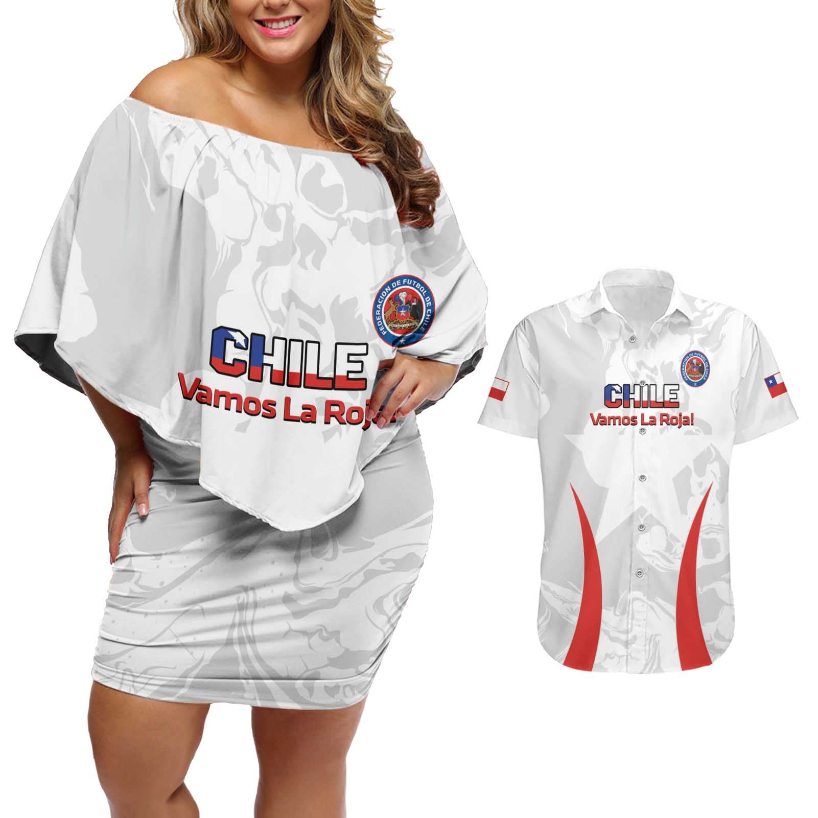 Custom Chile Football Couples Matching Off Shoulder Short Dress and Hawaiian Shirt 2024 Vamos La Roja - White - Wonder Print Shop