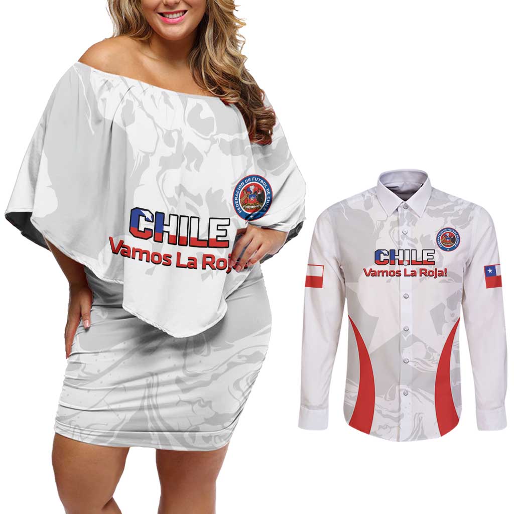 Custom Chile Football Couples Matching Off Shoulder Short Dress and Long Sleeve Button Shirt 2024 Vamos La Roja - White - Wonder Print Shop