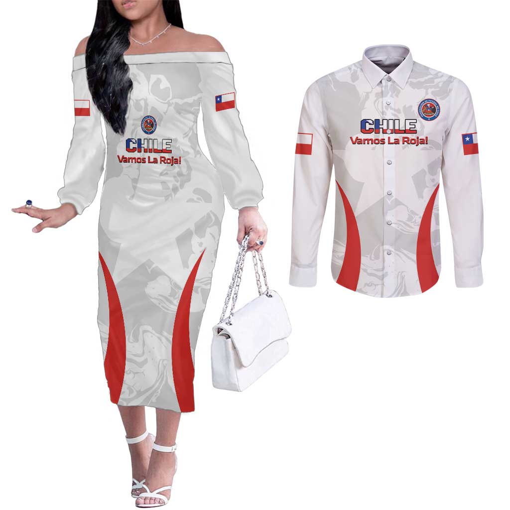 Custom Chile Football Couples Matching Off The Shoulder Long Sleeve Dress and Long Sleeve Button Shirt 2024 Vamos La Roja - White