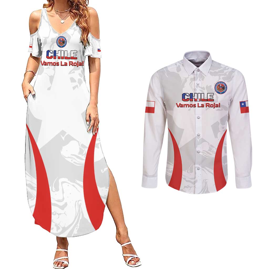 Custom Chile Football Couples Matching Summer Maxi Dress and Long Sleeve Button Shirt 2024 Vamos La Roja - White - Wonder Print Shop