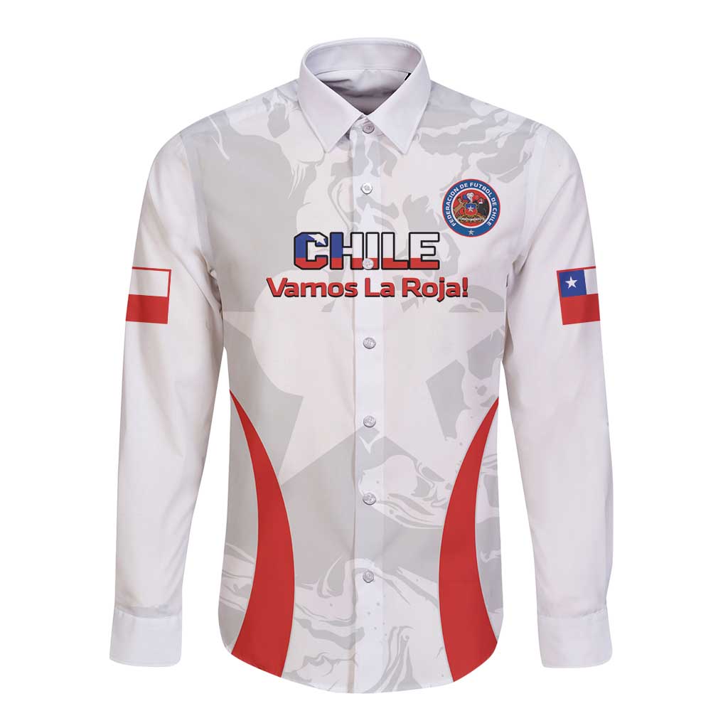 White Chile long-sleeve button shirt with crest, CHILE text, red diagonal stripes