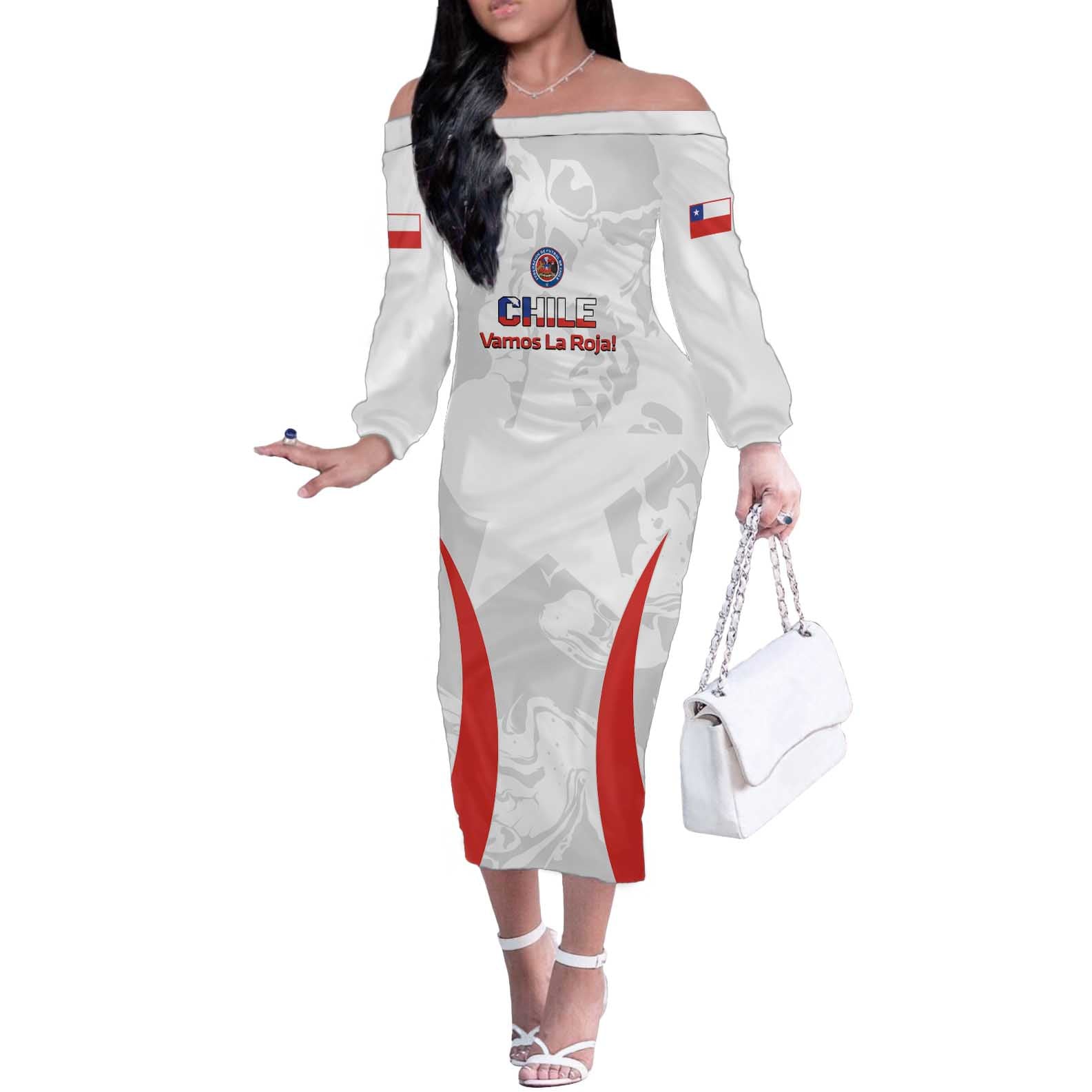 Custom Chile Football Off The Shoulder Long Sleeve Dress 2024 Vamos La Roja - White - Wonder Print Shop