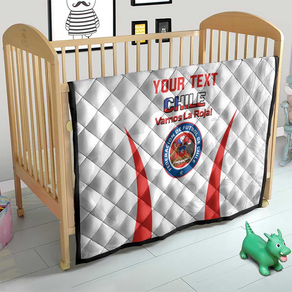 Custom Chile football quilt, white with red diagonal stripes and crest graphic