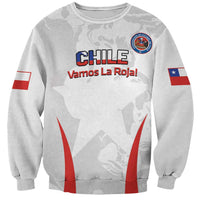 Light gray soccer sweatshirt with Chile crest, 'CHILE Vamos La Roja!' print, flag sleeve
