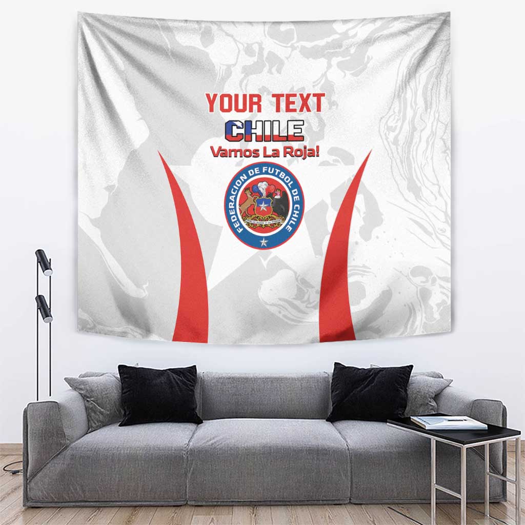 White Chile football-themed tapestry with red flags, blue crest, and Your Text header