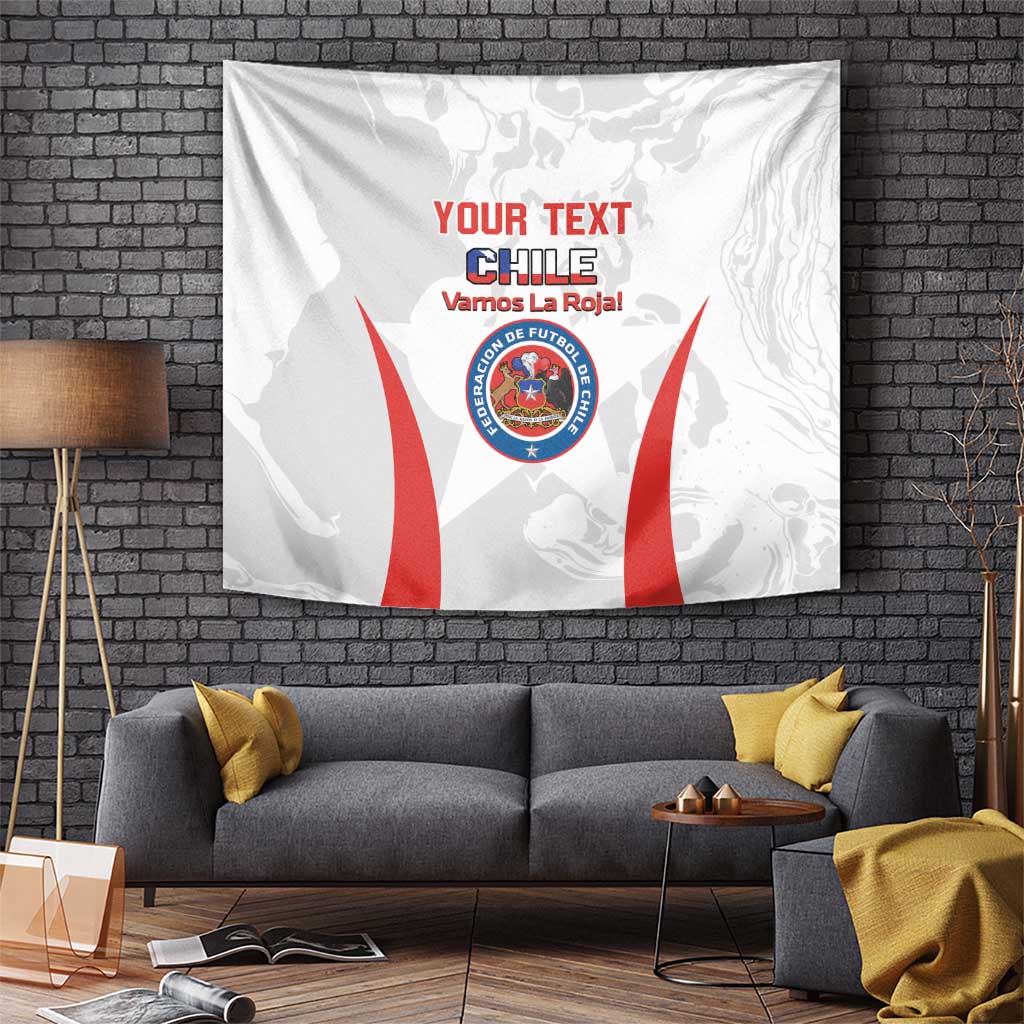 White tapestry with red side stripes, circular blue-red crest, and Your Text Chile