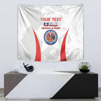 White tapestry with central Chile crest, red side stripes, and Vamos La Roja slogan